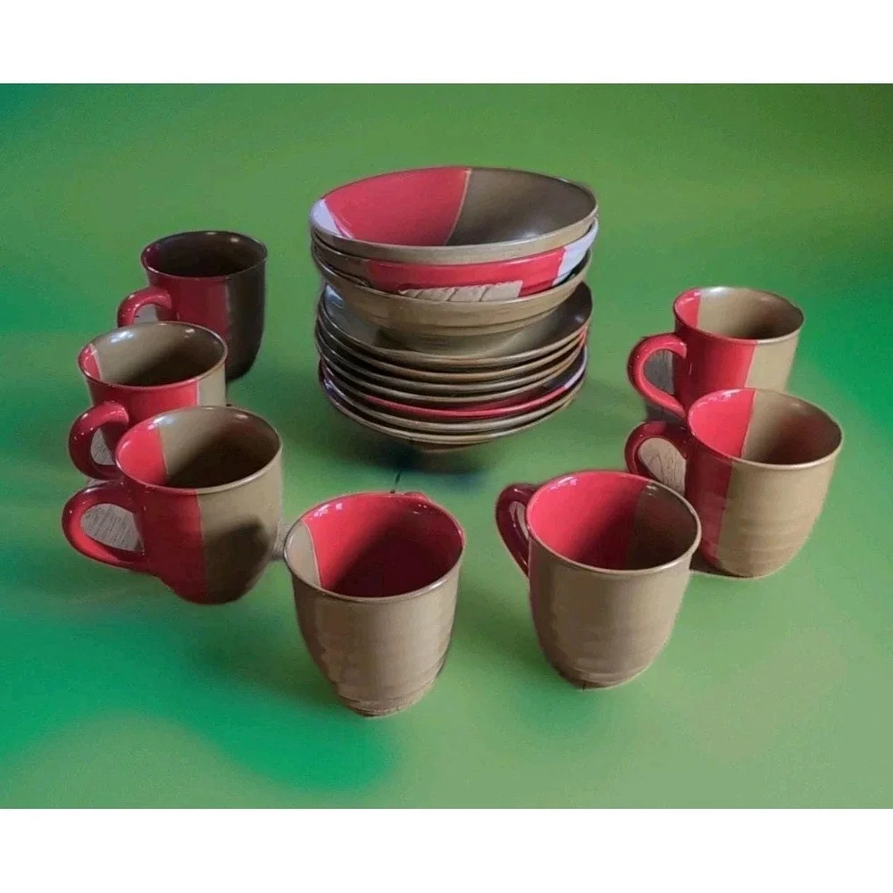 Lot Of 17 Sango‎ Set Dishes Coffee Cups Bowls Plates Gold dust Red 5042 NU
